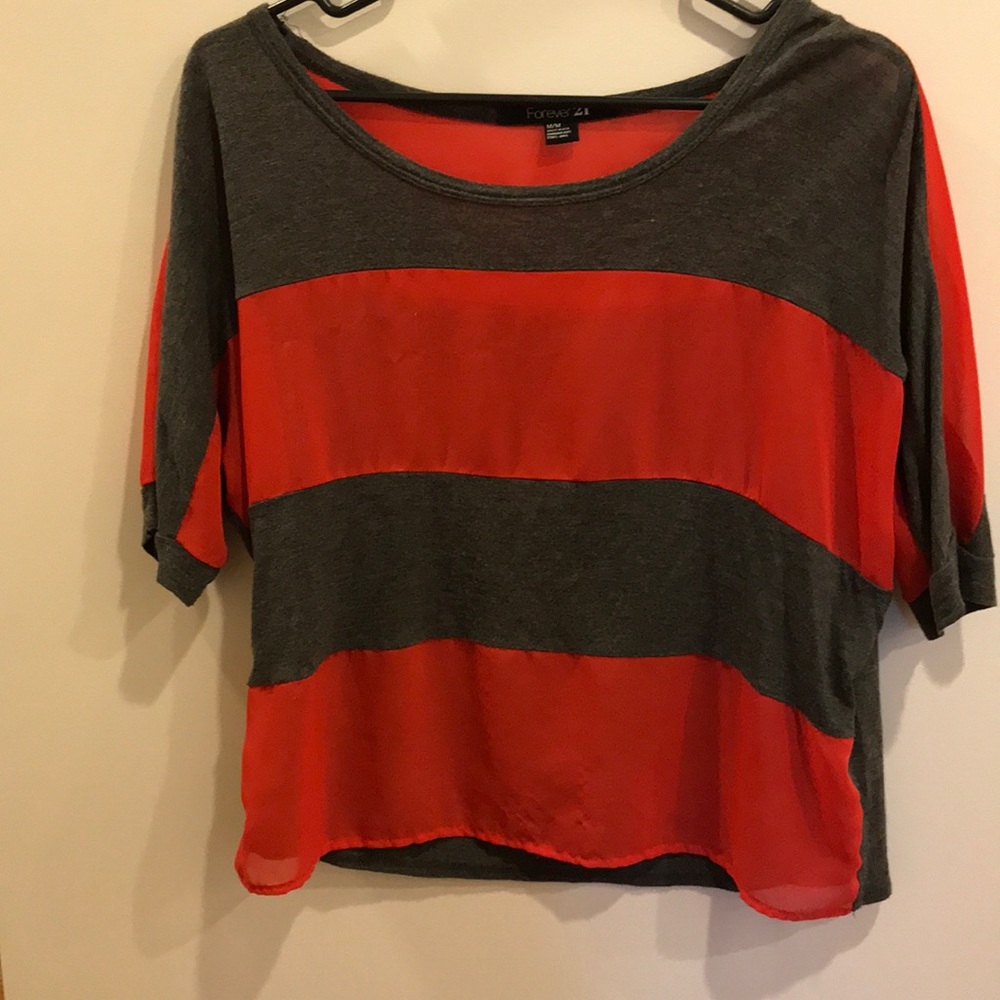 Striped red and gray top with two fabrics